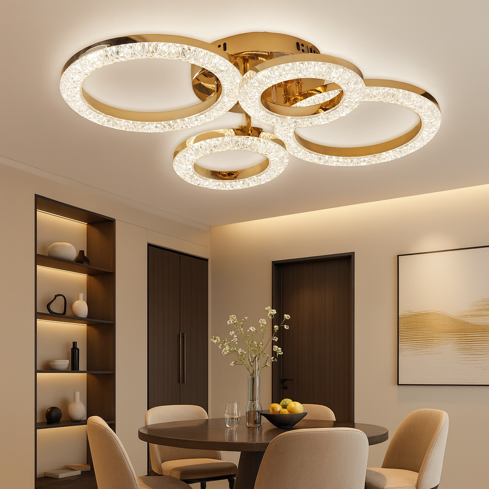 Lustra LED rectangulara 120W auriu cu telecomanda si lumina reglabila, ideala pentru dining modern cu iluminare eleganta si clara