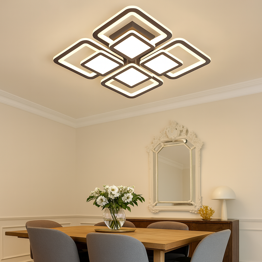 Lustra LED 8022/4BK negru mata 104W cu lumina reglabila si design geometric, ideala pentru zona de dining moderna si lumina clara