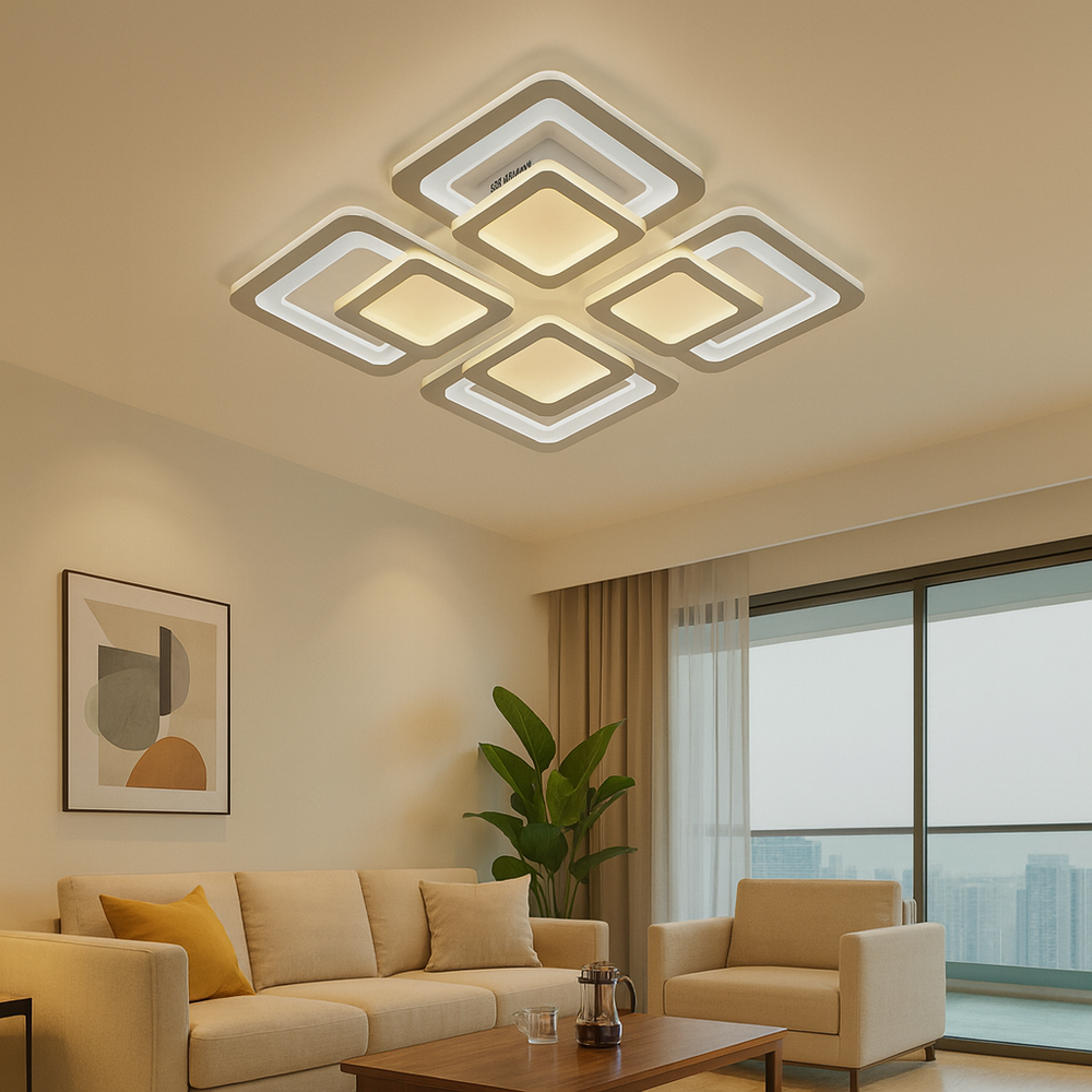 Lustra LED 8022/4WH alb 104W cu design geometric si lumina reglabila 3000K-6500K, ideala pentru living modern cu iluminare uniforma