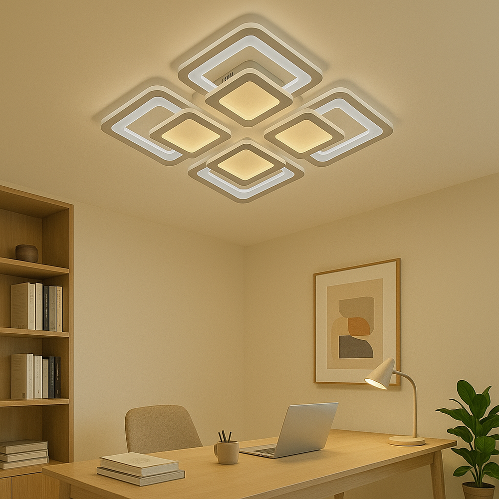 Lustra LED geometrica 8022/4WH alba 104W cu lumina reglabila 3000K-6500K si telecomanda, potrivita pentru birouri moderne si lumina precisa