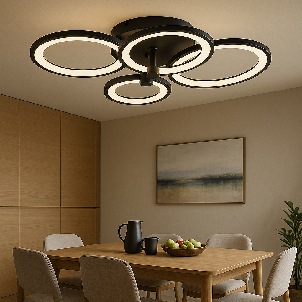 Lustra LED 8067/2+2BK negru 108W cu inele circulare si lumina reglabila, potrivita pentru zona de dining moderna