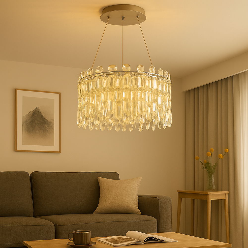 Candelabru rotund modern cu 6 becuri E27, suspendat in living contemporan, iluminare personalizabila si design elegant.