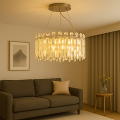 Candelabru rotund modern cu 6 becuri E27, suspendat in living contemporan, iluminare personalizabila si design elegant.