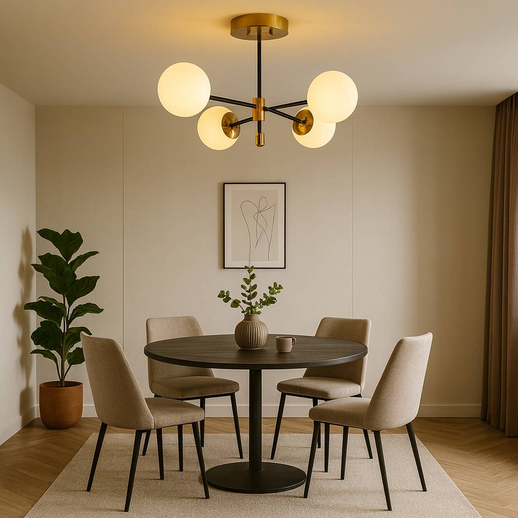 Lustra 8316/4 retro moderna cu 4 globuri opal si socluri E27, ideal a pentru zone de dining elegante si luminoase