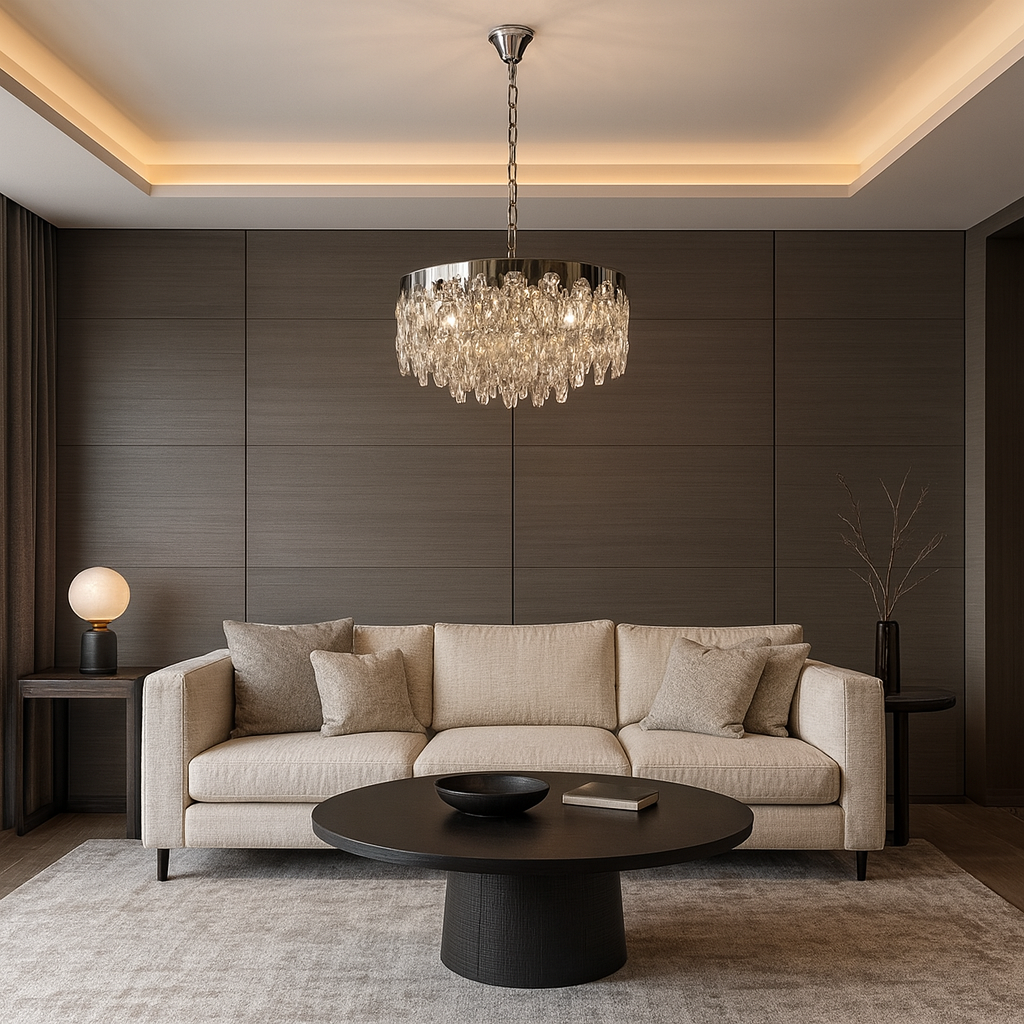 Candelabru patrat crom lucios 40 cm cu 8 becuri E27, iluminat elegant pentru living modern, montaj suspendat decorativ.