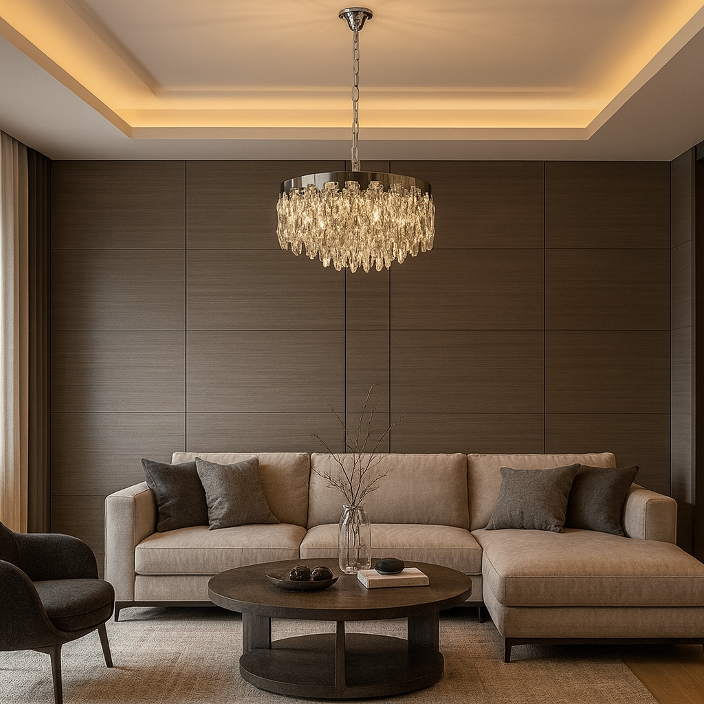 Candelabru rotund crom Ø500 in living modern, lumina calda difuza prin elemente transparente, accent decorativ elegant.