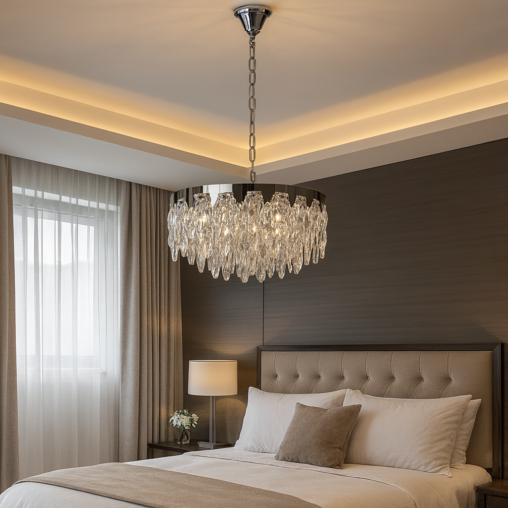 Candelabru rotund crom Ø500 in dormitor spatios, iluminare uniforma cu 10 becuri E27, atmosfera eleganta si relaxanta.