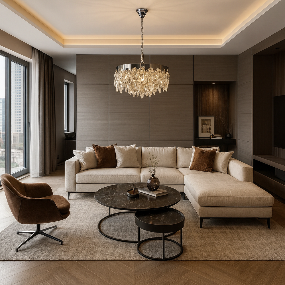 Candelabru rotund crom Ø600 in living spatios, iluminare ampla cu 12 becuri E27 si efect decorativ elegant.