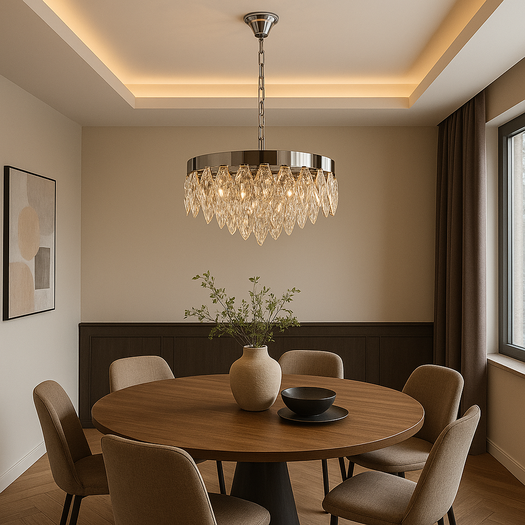 Candelabru rotund crom Ø600 deasupra mesei dreptunghiulare din dining, iluminare calda si design decorativ premium.