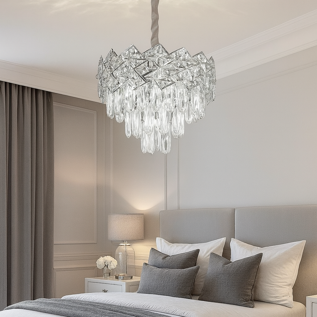 Candelabru rotund din cristal argintiu Ø300 mm, iluminare calda si decor luxos intr-un dormitor elegant