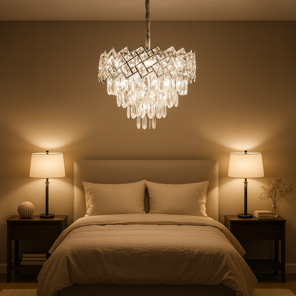 Candelabru rotund din cristal argintiu Ø400 mm, iluminare calda si decor luxos intr-un dormitor elegant