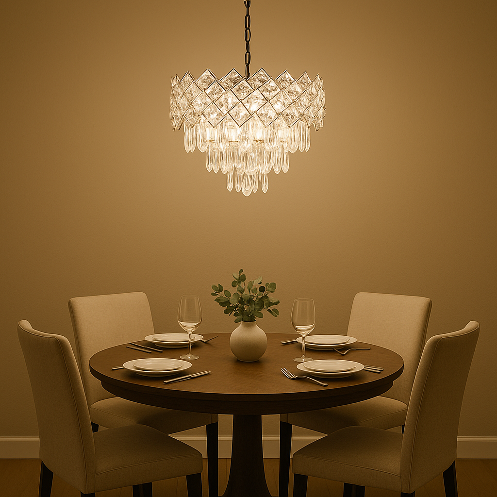 Candelabru rotund din cristal argintiu Ø400 mm, suspendat deasupra mesei dreptunghiulare din dining premium