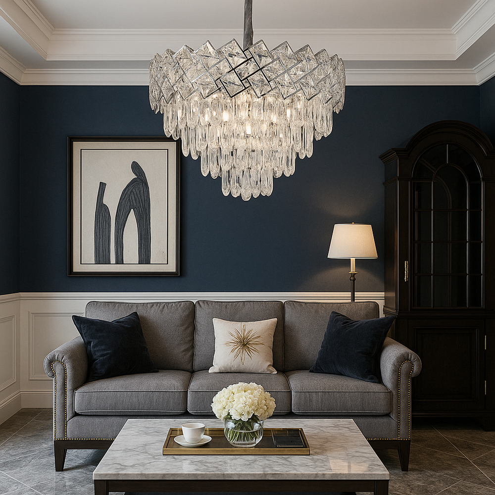 Candelabru rotund din cristal argintiu Ø500 mm, montat central intr-un living elegant cu iluminare intensa si reflexii luxoase