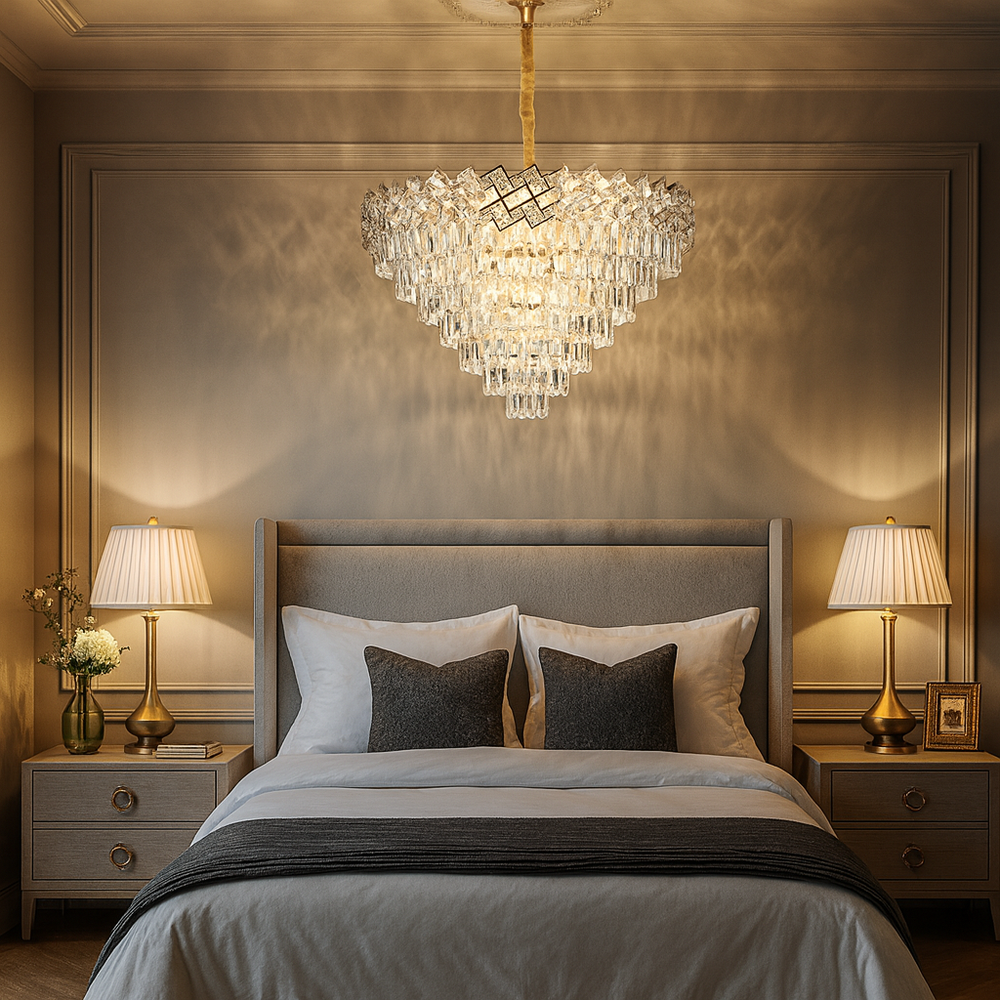 Candelabru rotund din cristal auriu Ø800 mm, iluminare ampla si decor sofisticat intr-un dormitor spatios de lux