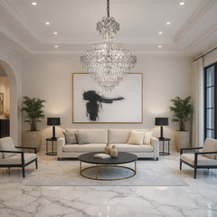 Candelabru cristal rotunda crom Ø800 H1100 in living pe doua niveluri, 22 E27, iluminare intensa premium