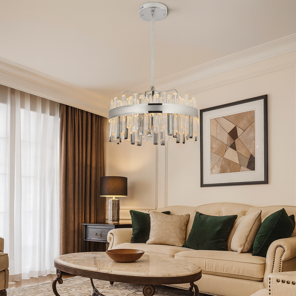 Candelabru LED rotund argintiu 8652/500, 112W, cu telecomanda, lumina reglabila 2800–6500K, living modern.