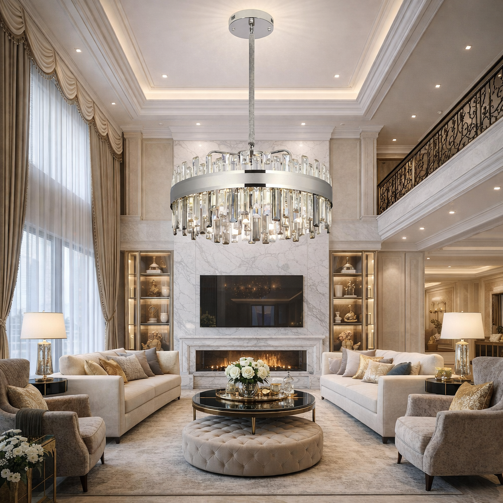 Candelabru LED rotund 8652/600, 140W, cu telecomanda, lumina reglabila 2800–6500K, iluminare moderna pentru living.