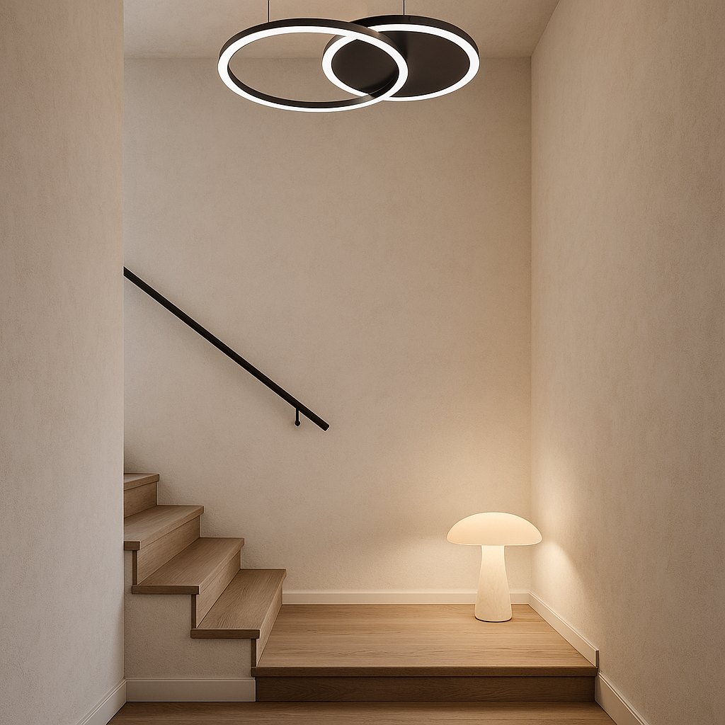 Lustra LED 8888/2BK 66W modern a cu doua cercuri, ideal a pentru iluminarea scarilor cu lumin a clara si design minimalist