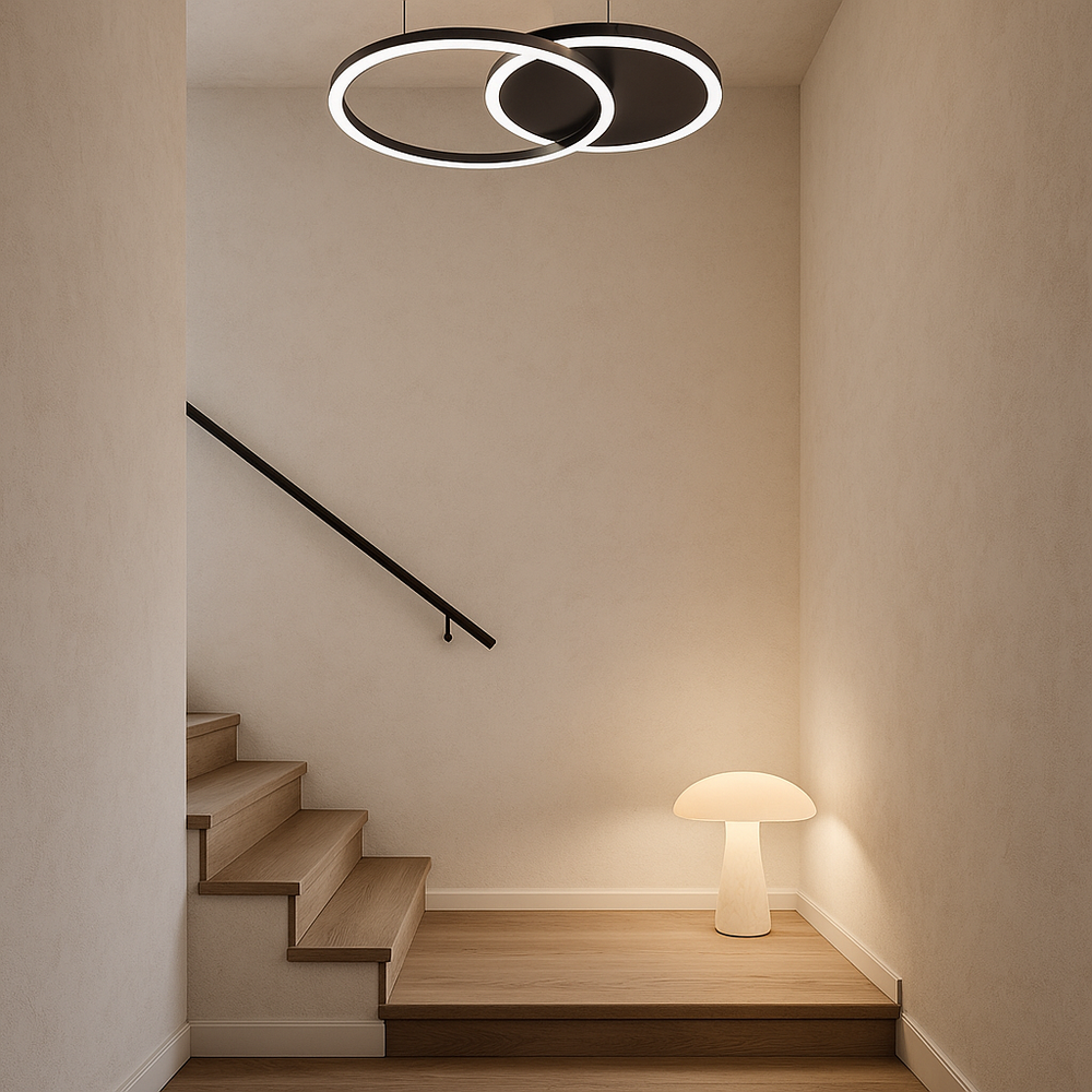 Lustra LED 8888/2BK 66W modern a cu doua cercuri, ideal a pentru iluminarea scarilor cu lumin a clara si design minimalist