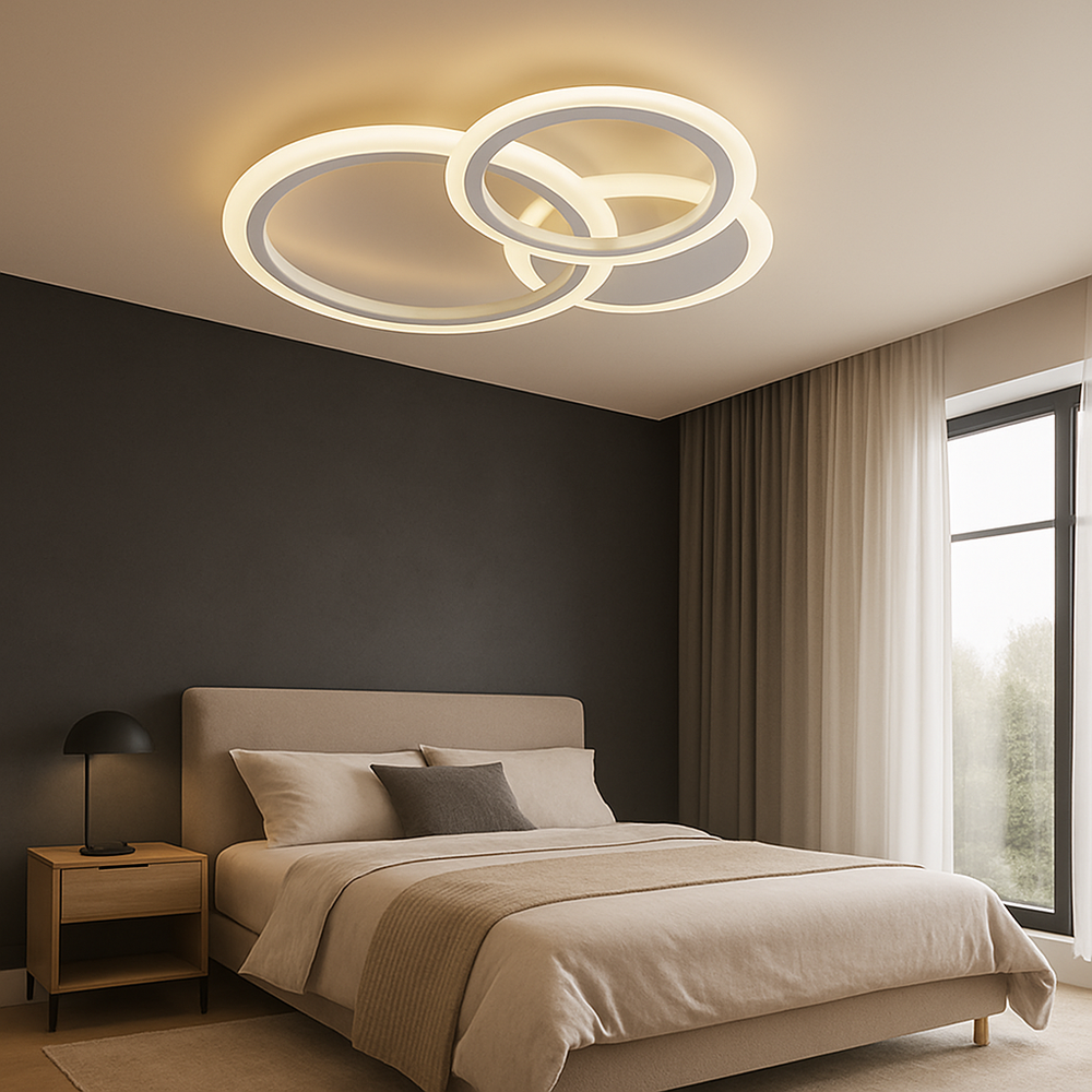 Lustra LED 8888/3 98W cu 3 cercuri, potrivit a pentru dormitoare moderne cu lumin a reglabila si control prin telecomanda