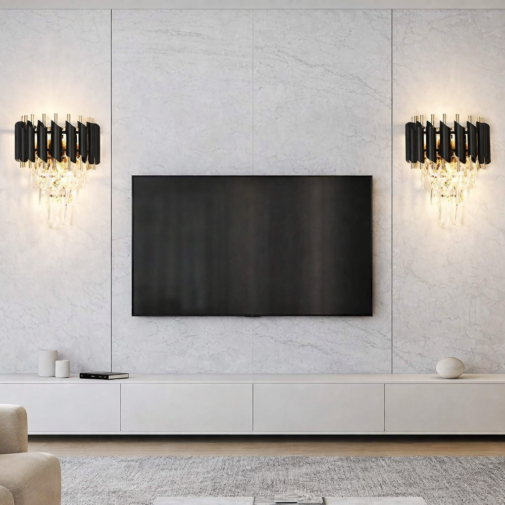 Aplica de perete negru auriu cu cristale decorative si stil glam modern, iluminare ambientala eleganta pentru living sofisticat