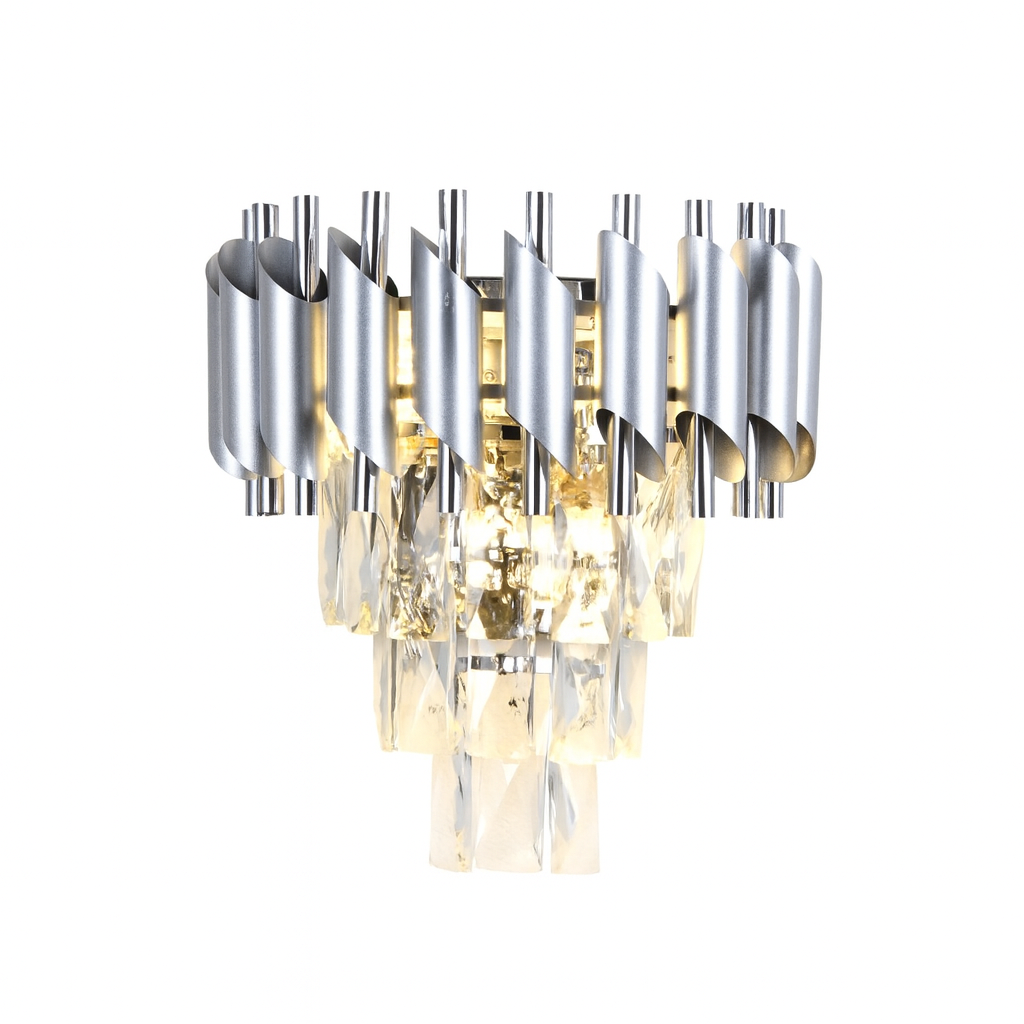 Aplica de perete argintie cu cristale si design decorativ compact, iluminare clara pentru dressing sau spatiu depozitare