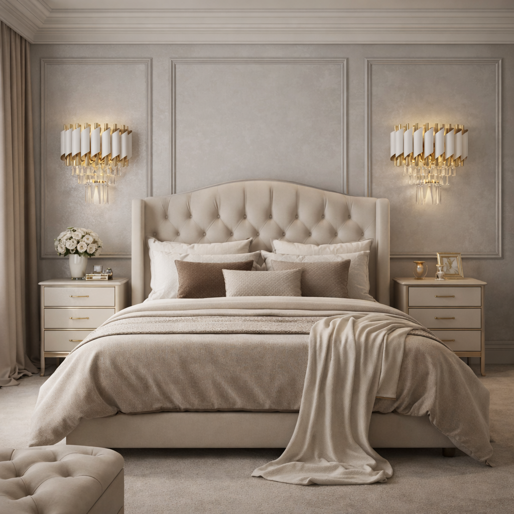 Aplica de perete alba cu cristale rafinate si design vertical, lumina calda ambientala pentru dormitor elegant