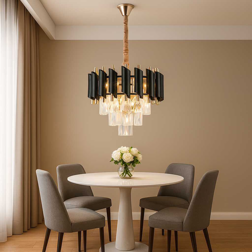 Candelabru mini rotund negru-auriu 9001/300FG+BK, amplasat deasupra mesei de dining, creeaza un accent luminos elegant pentru spatii mici.