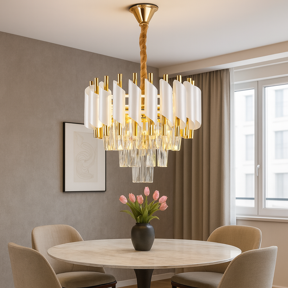 Candelabru rotund alb-auriu cu cristale 9001-300 WH+FGD aduce stralucire si stil sofisticat mesei de dining, perfect pentru interioare moderne.