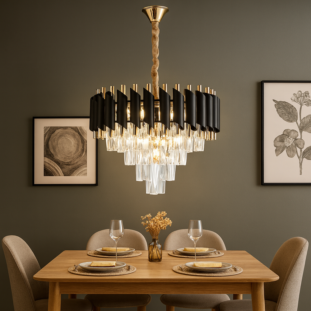 Candelabru rotund negru-auriu Ø400 mm cu cristale, iluminand o zona de dining moderna cu o lumina calda si eleganta.