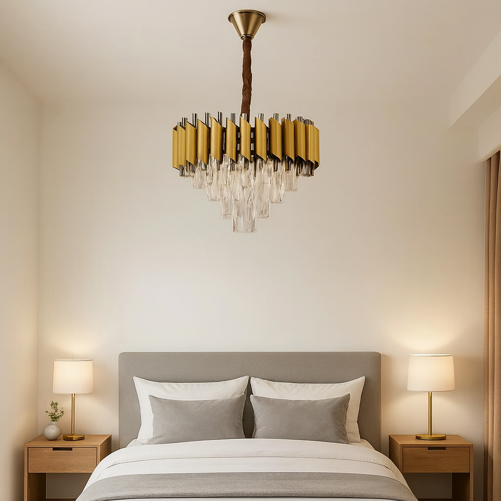 Candelabru rotund auriu Ø400 mm cu cristale iluminând un dormitor modern, oferind lumina calda si un aer glam rafinat.