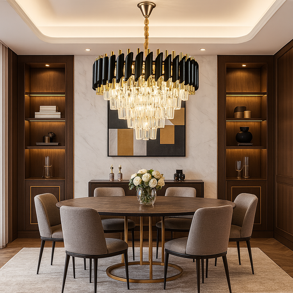 Candelabru rotund negru-auriu cu cristale, luminand rafinat zona de dining moderna cu masa compacta.