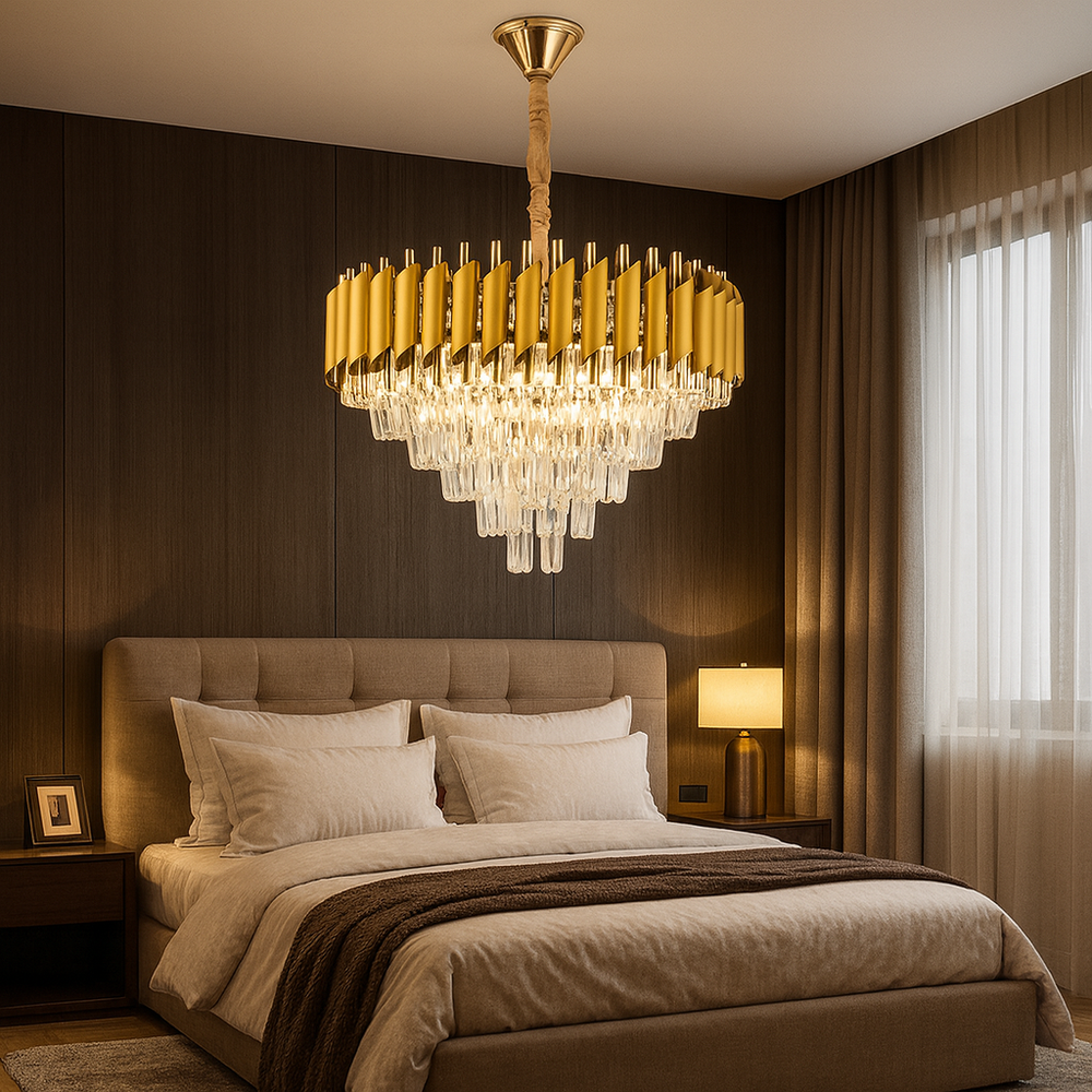Candelabru rotund auriu cu cristale, oferind o lumina glam si rafinata intr-un dormitor modern cu atmosfera calda.