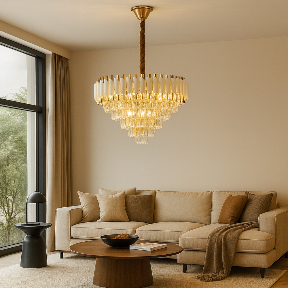 Candelabru rotund auriu cu panouri albe și cristale, devenind centrul vizual luxos al unui living mare cu decor premium.