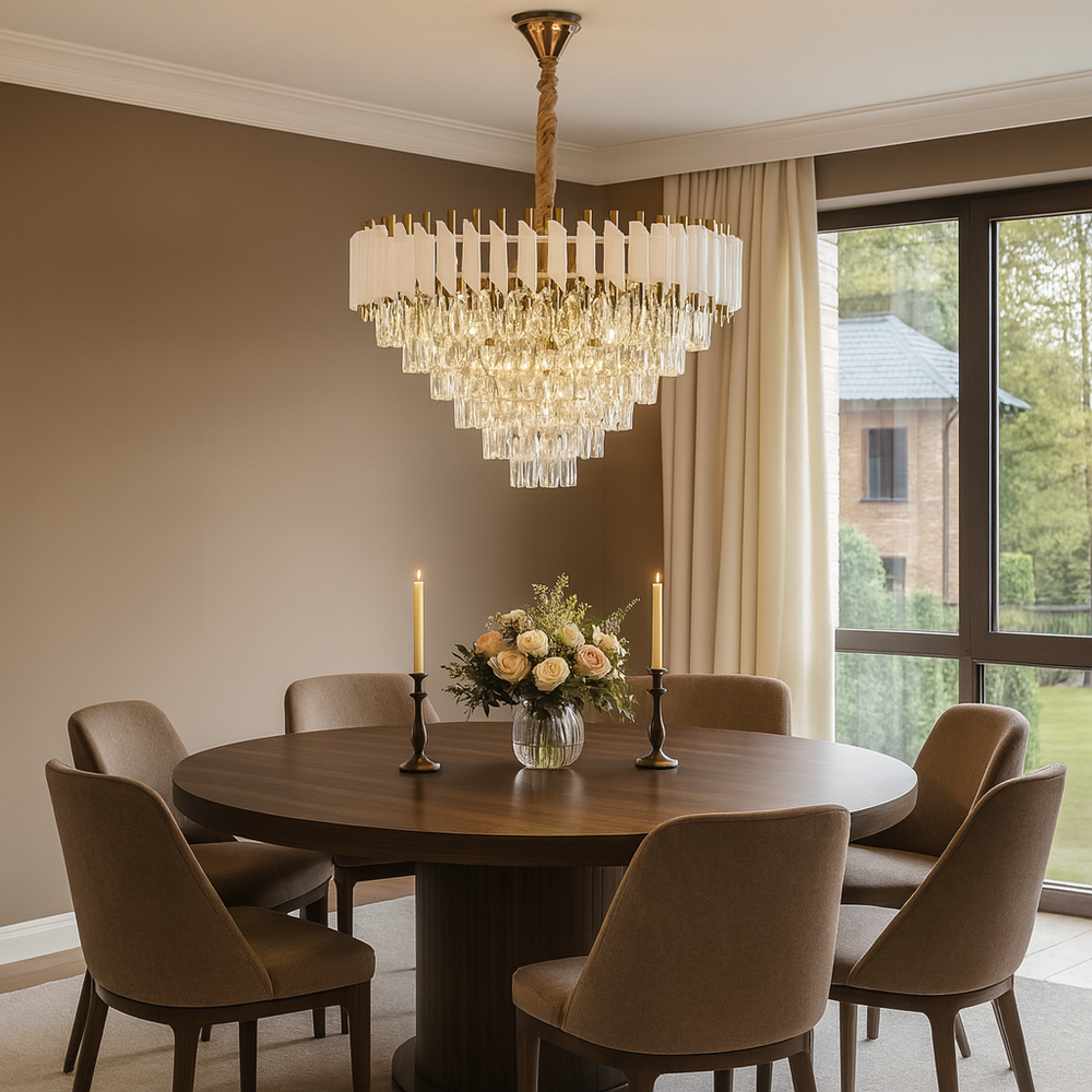 Candelabru rotund alb-auriu cu cristale, luminand spectaculos o zona de dining moderna si sofisticata.