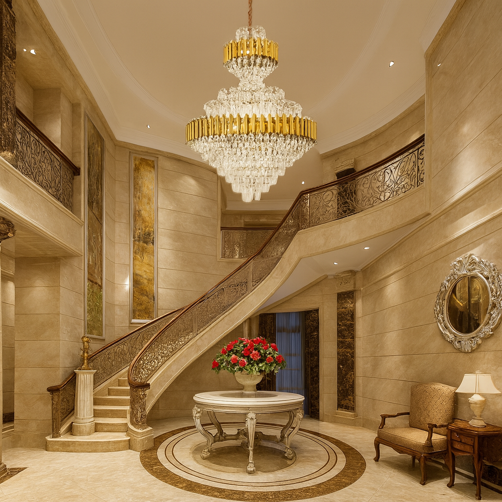 Candelabru cristal rotunda auriu Ø800 H1050 pe casa scarii monumentale, 20 E27, impact vizual de lux