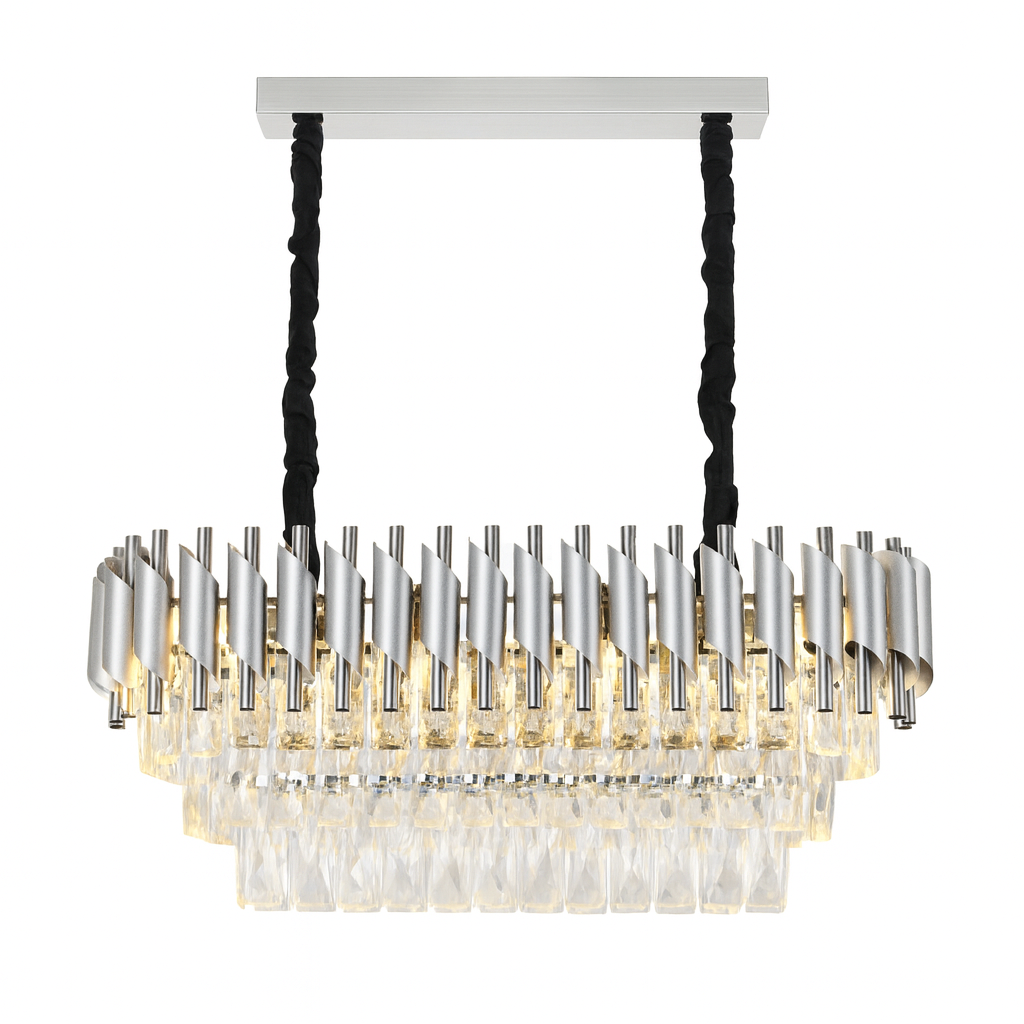 Candelabru rectangular argintiu cu cristale 9001 SY pentru insula de bucatarie moderna, lumina puternica cu 8 becuri E27 si design premium.