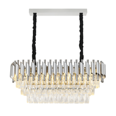 Candelabru rectangular argintiu cu cristale 9001 SY pentru insula de bucatarie moderna, lumina puternica cu 8 becuri E27 si design premium.
