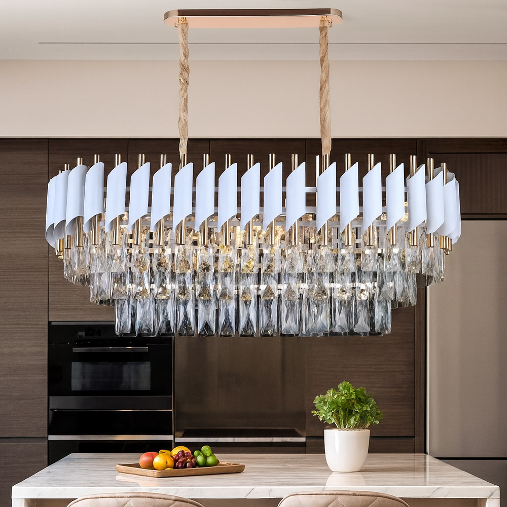 Candelabru rectangular alb mat si auriu cu cristale 9001 pentru insula de bucatarie moderna, lumina puternica cu 8 becuri E27.