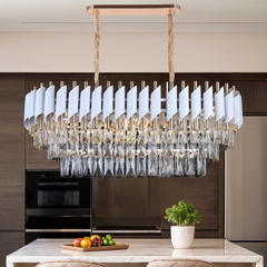 Candelabru rectangular alb mat si auriu cu cristale 9001 pentru insula de bucatarie moderna, lumina puternica cu 8 becuri E27.