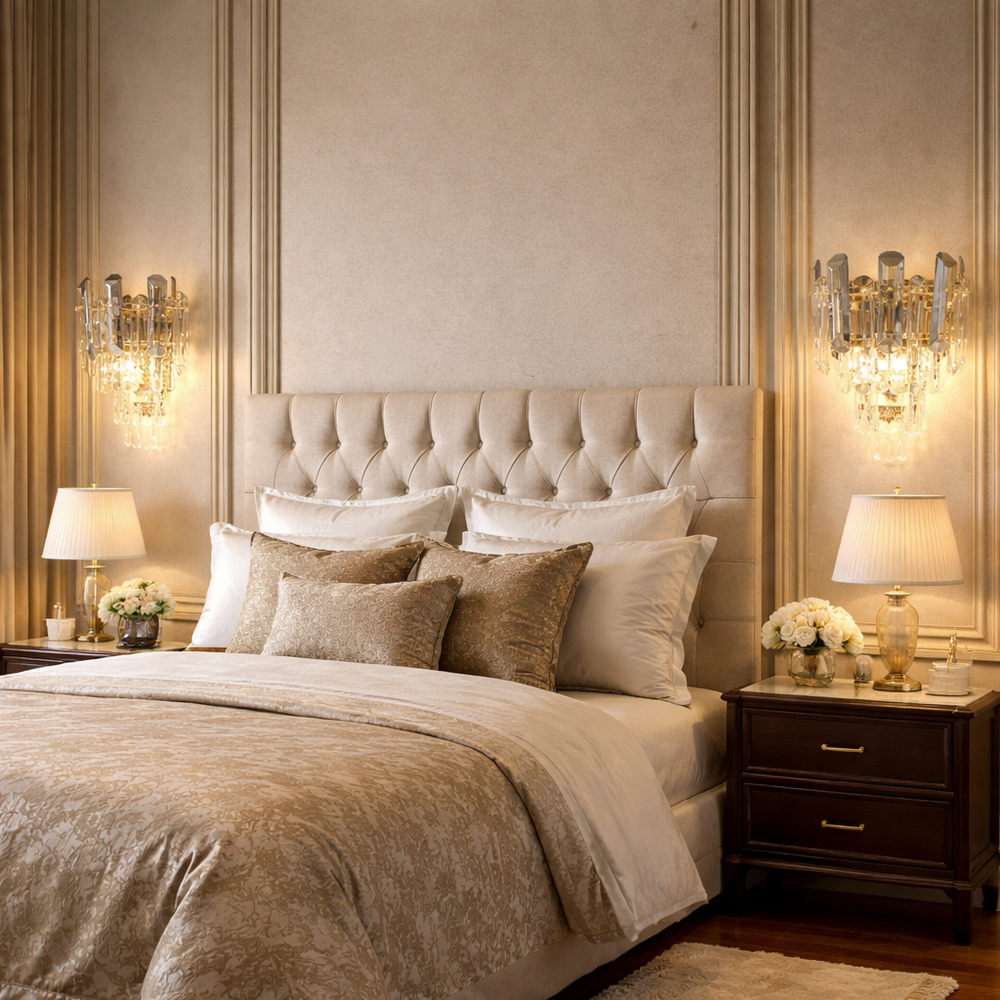 Aplica perete aurie cu cristale 2xE14 folosita ca lumina ambientala in dormitor elegant