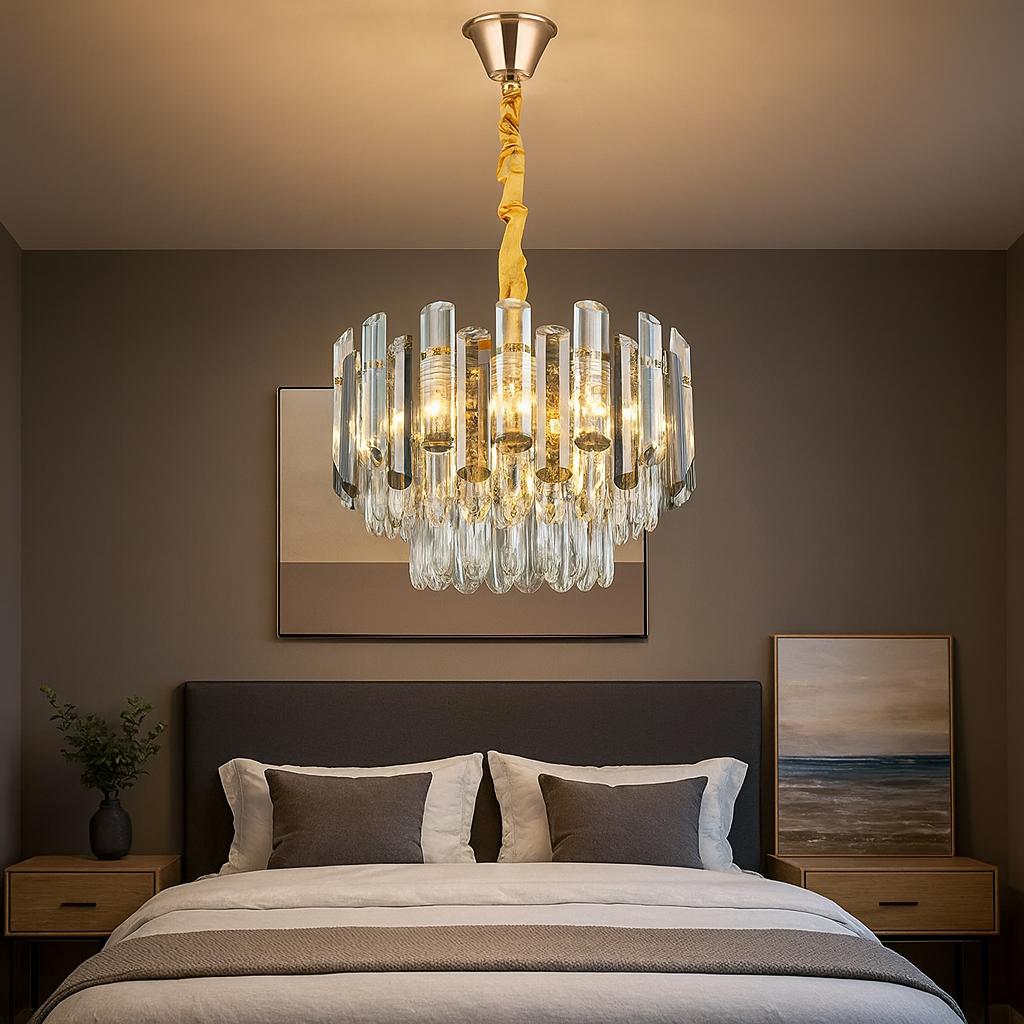 Candelabru rotund cu cristale Ø400 mm, 5xE27, adaugand lumina calda si rafinata intr-un dormitor modern de dimensiuni medii.