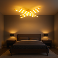Lustra LED aurie 9795/6FG cu 6 brate lungi si telecomanda, oferind lumina reglabila intr-un dormitor modern.