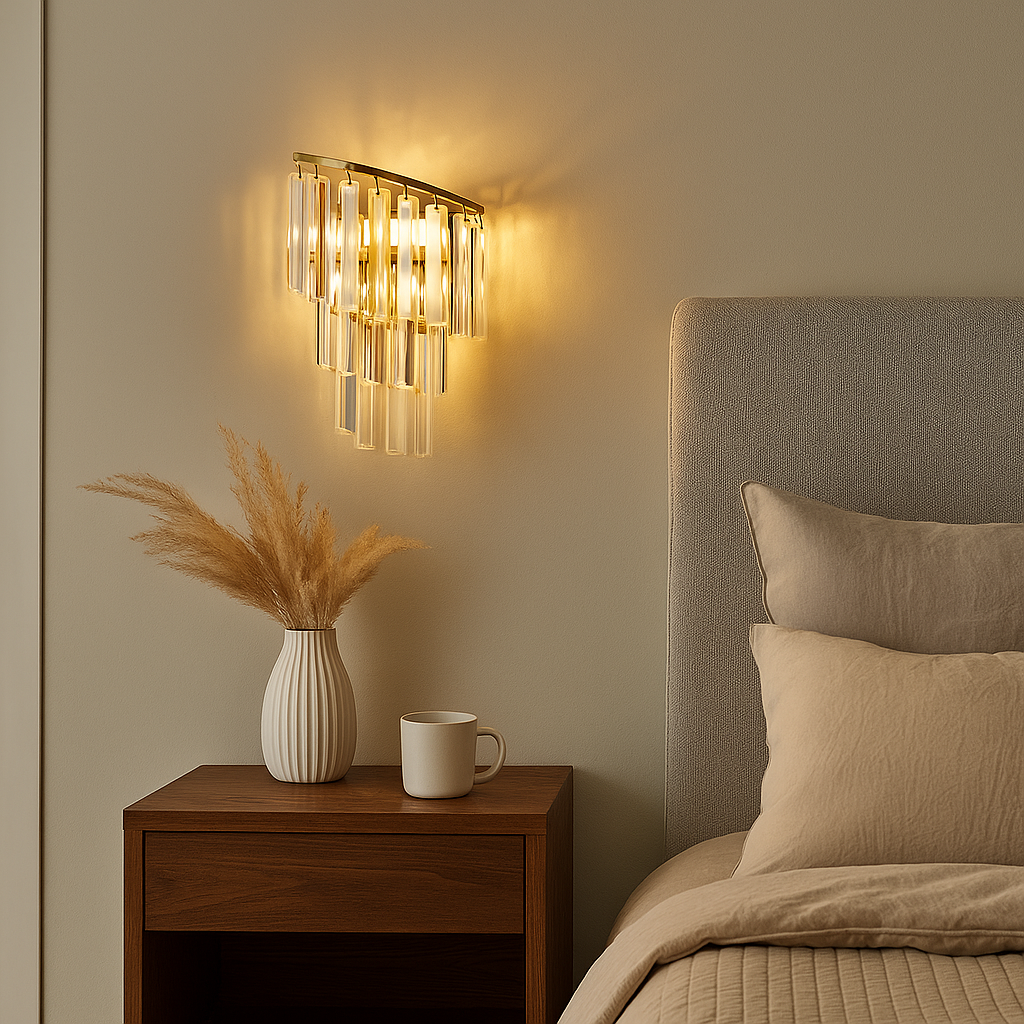 Aplicou 98068/2W FG auriu cu cristale verticale si 2 E14, design compact, ideal pentru dormitor modern cu luminare calda eleganta.