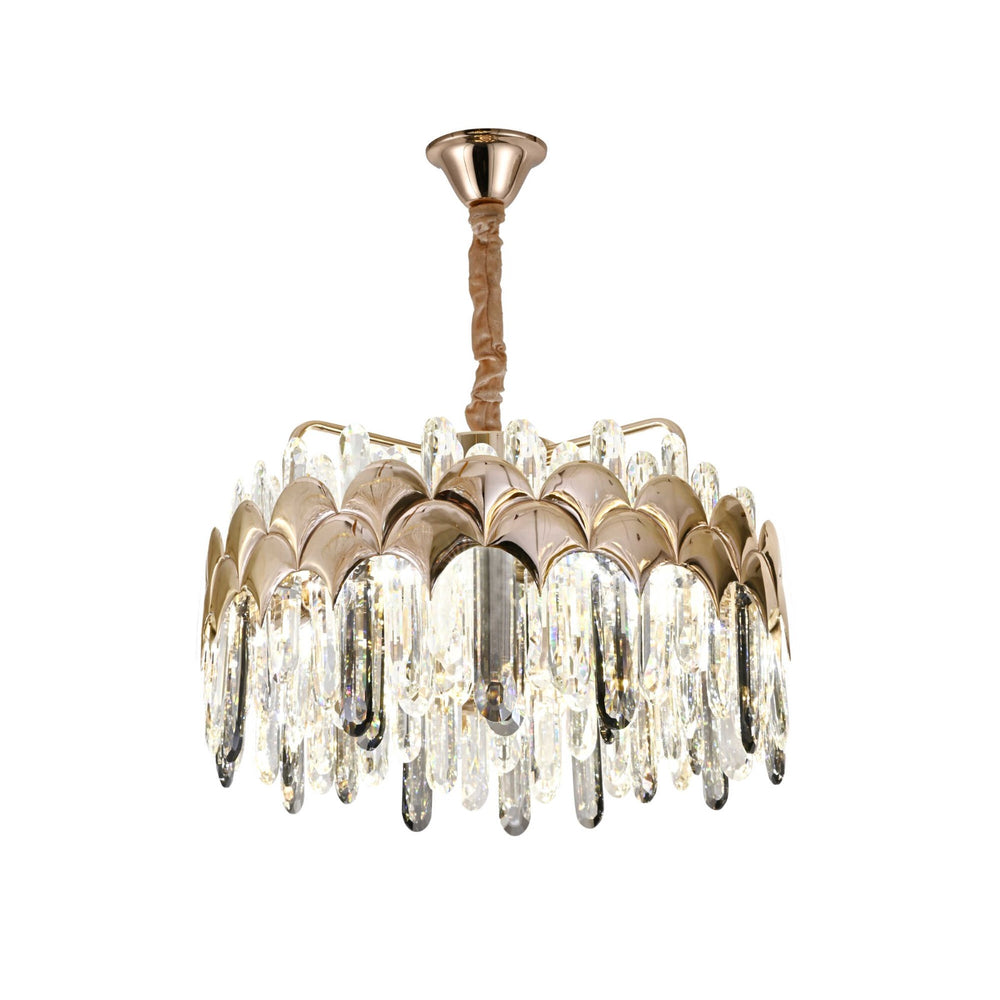 Candelabru LED rotund auriu Ø380 mm cu cristale tip bagheta, amplasat in dormitor modern, lumina LED uniforma 144W, stil luxos