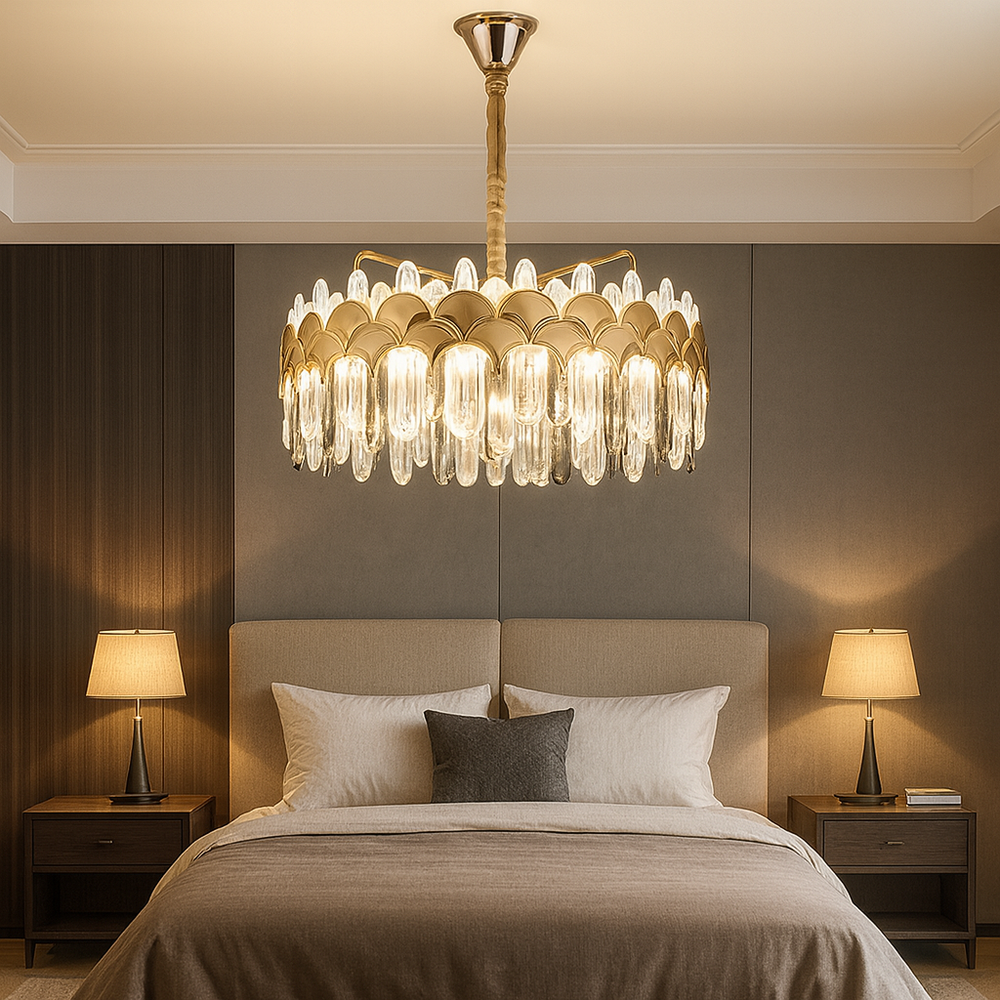 Candelabru LED rotund auriu Ø480 mm cu cristale tip bagheta, amplasat in dormitor elegant, lumina LED uniforma 188W, stil luxos