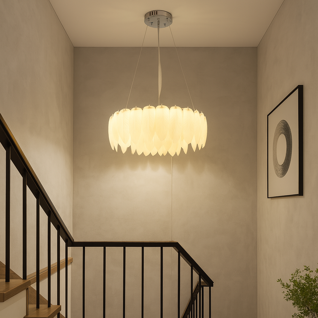 Candelabru LED liniar auriu 500 mm cu cristale verticale, montat in casa scarii moderna, iluminare LED 96W, efect decorativ glam