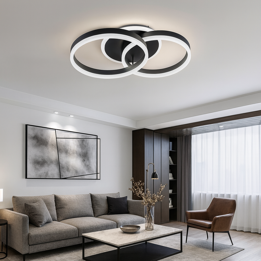 Lustra LED neagra cu 2 cercuri suprapuse, 96W, montata in living modern, lumină reglabila cu telecomanda