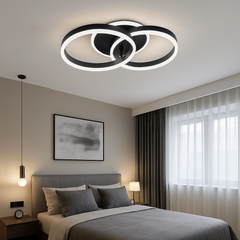 Lustra LED cu 2 cercuri, finisaj negru, 96W, iluminand un dormitor modern cu lumină reglabila prin telecomanda