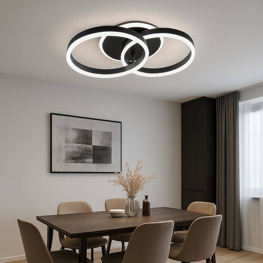 Lustra LED cu 2 cercuri suprapuse, negru, 96W, montata in zona de dining moderna, lumina controlata cu telecomanda